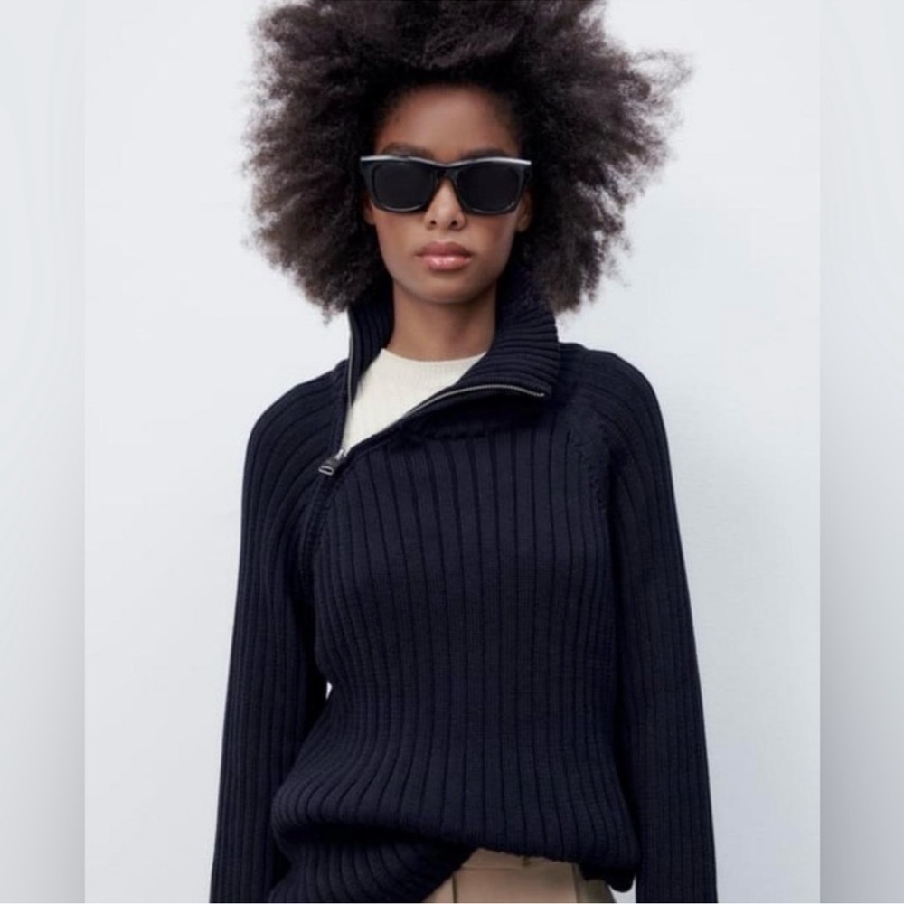 Zara Angle Zip Ribbed Mock Neck Oversized Cotton Sweater